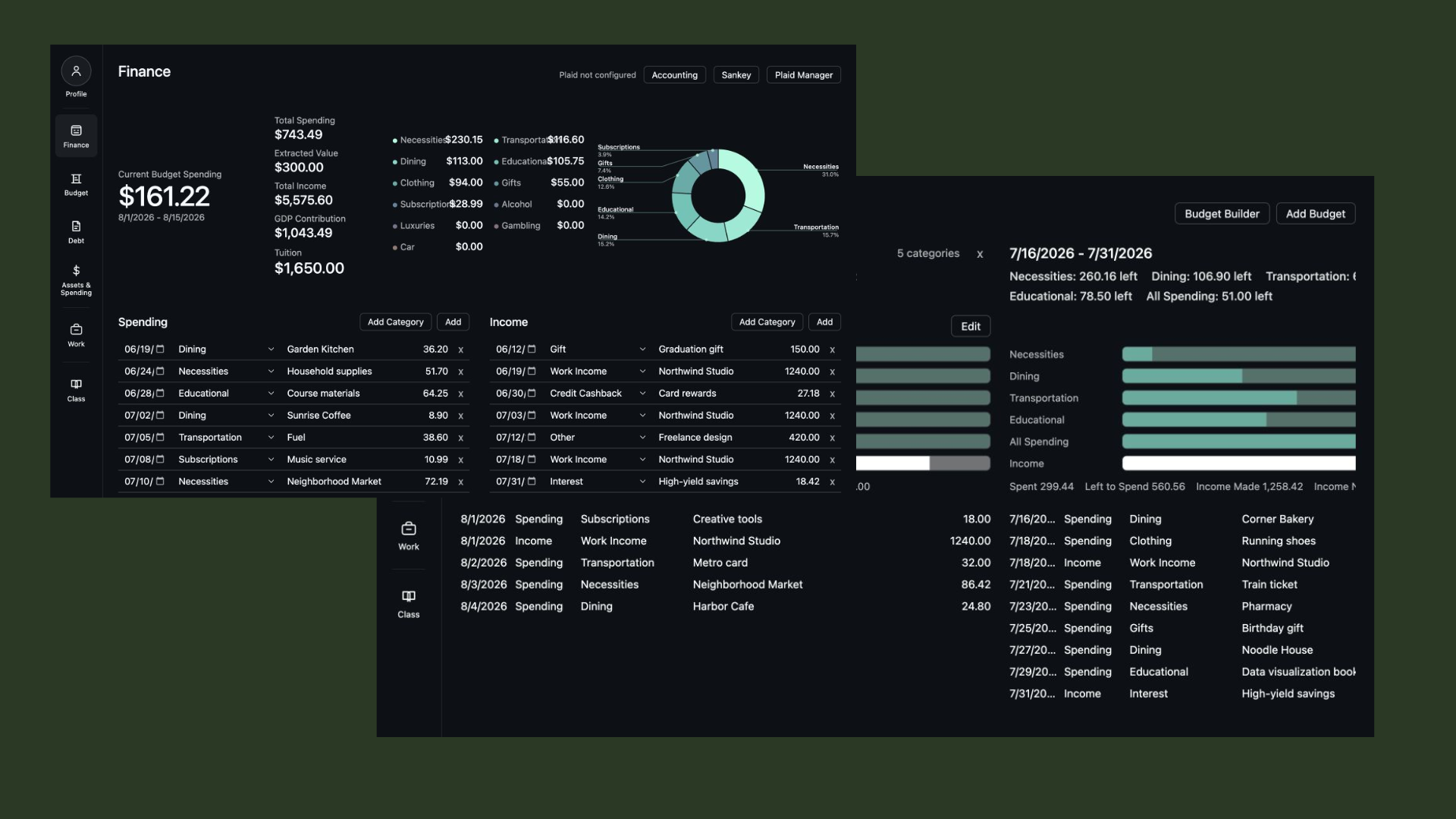 Lifepane finance overview, budget progress, and transaction ledger on a dark green background