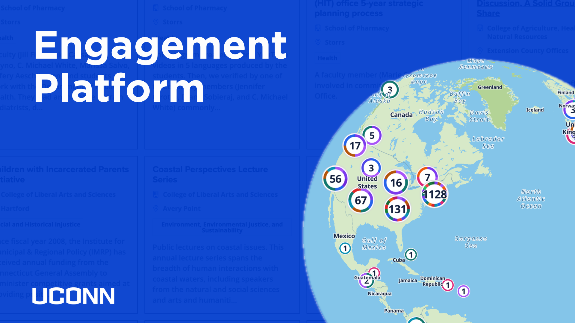 UConn Engagement Platform with a globe of mapped activities